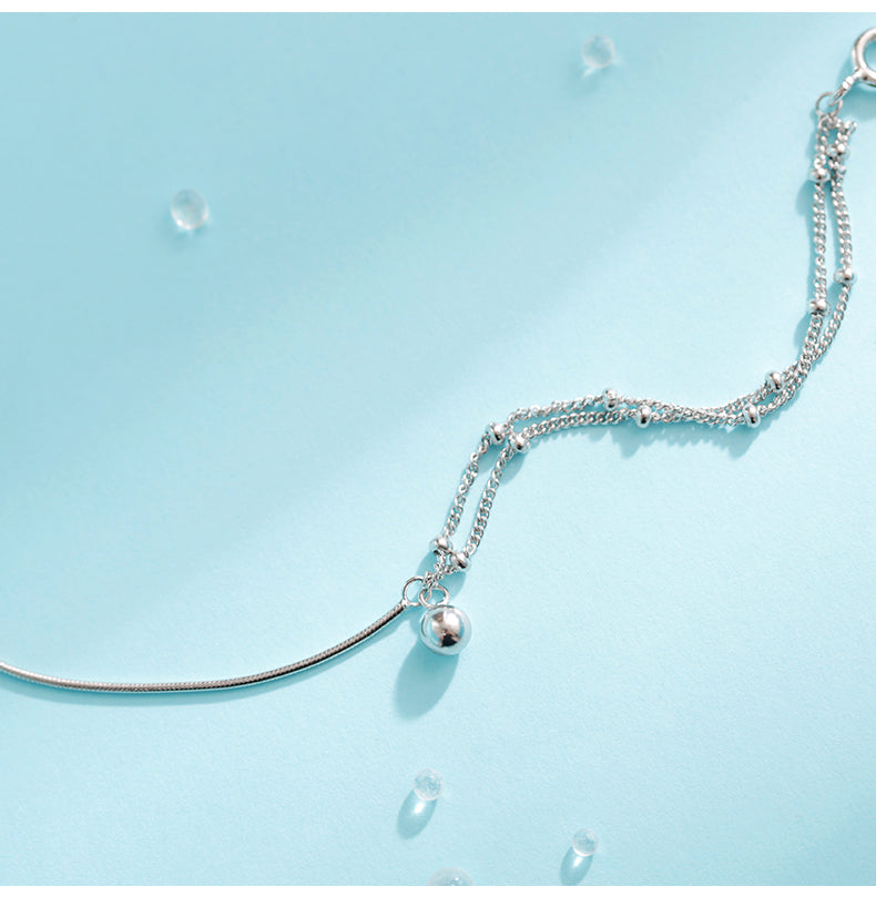 Pure Silver Full-body Minimalist Style Asymmetrical Double Layer Bracelet With Transfer Beads