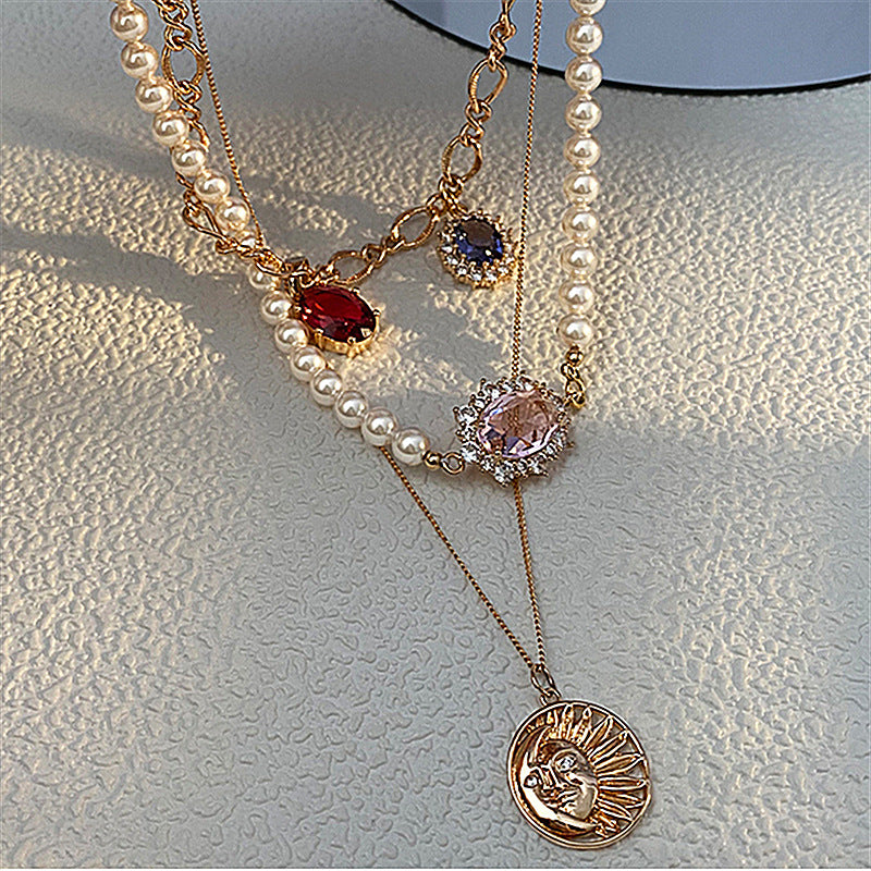 Multi-layered Pearl Zircon Pendant Necklace