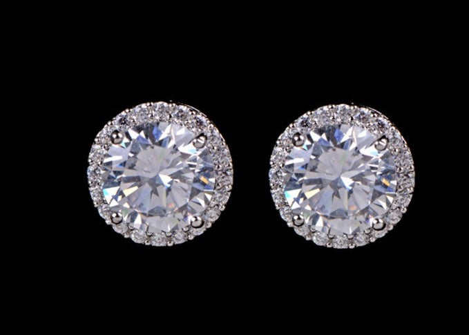 Fashion Women Girl White Rhinestone Crystal Round Metal Silver Zircon Ear Stud Earrings Patry Earring Jewelry