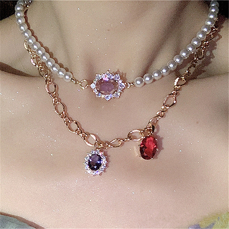 Multi-layered Pearl Zircon Pendant Necklace
