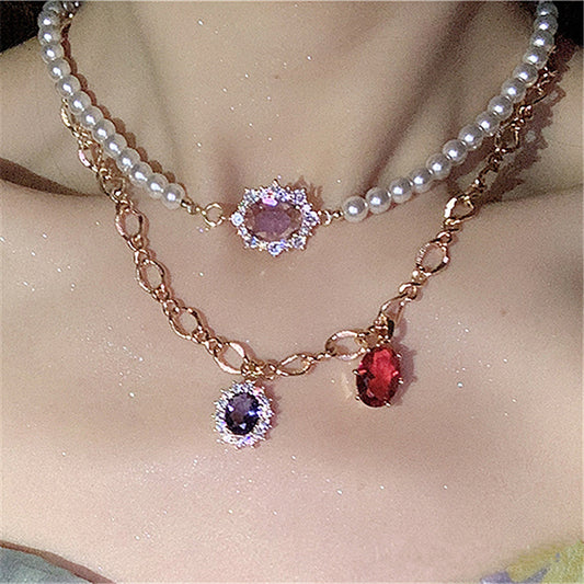 Multi-layered Pearl Zircon Pendant Necklace