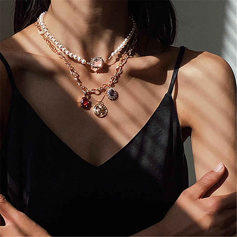 Multi-layered Pearl Zircon Pendant Necklace