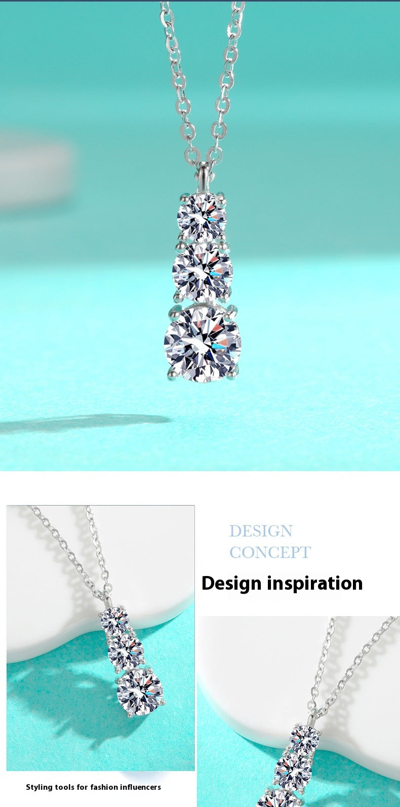 S925 Silver Moissanite Three Diamond Pendant Fashion Necklace