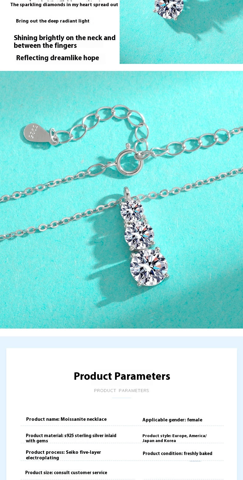 S925 Silver Moissanite Three Diamond Pendant Fashion Necklace