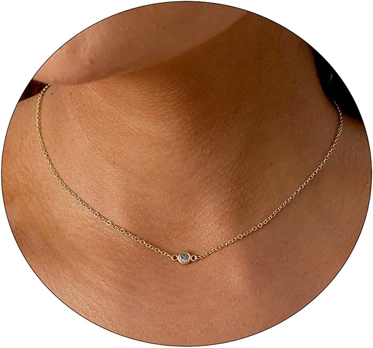 Dainty CZ Pendant Necklace For Women - Layered Gold & Silver Choker, Simple Trendy Cubic Zirconia Jewelry Gift