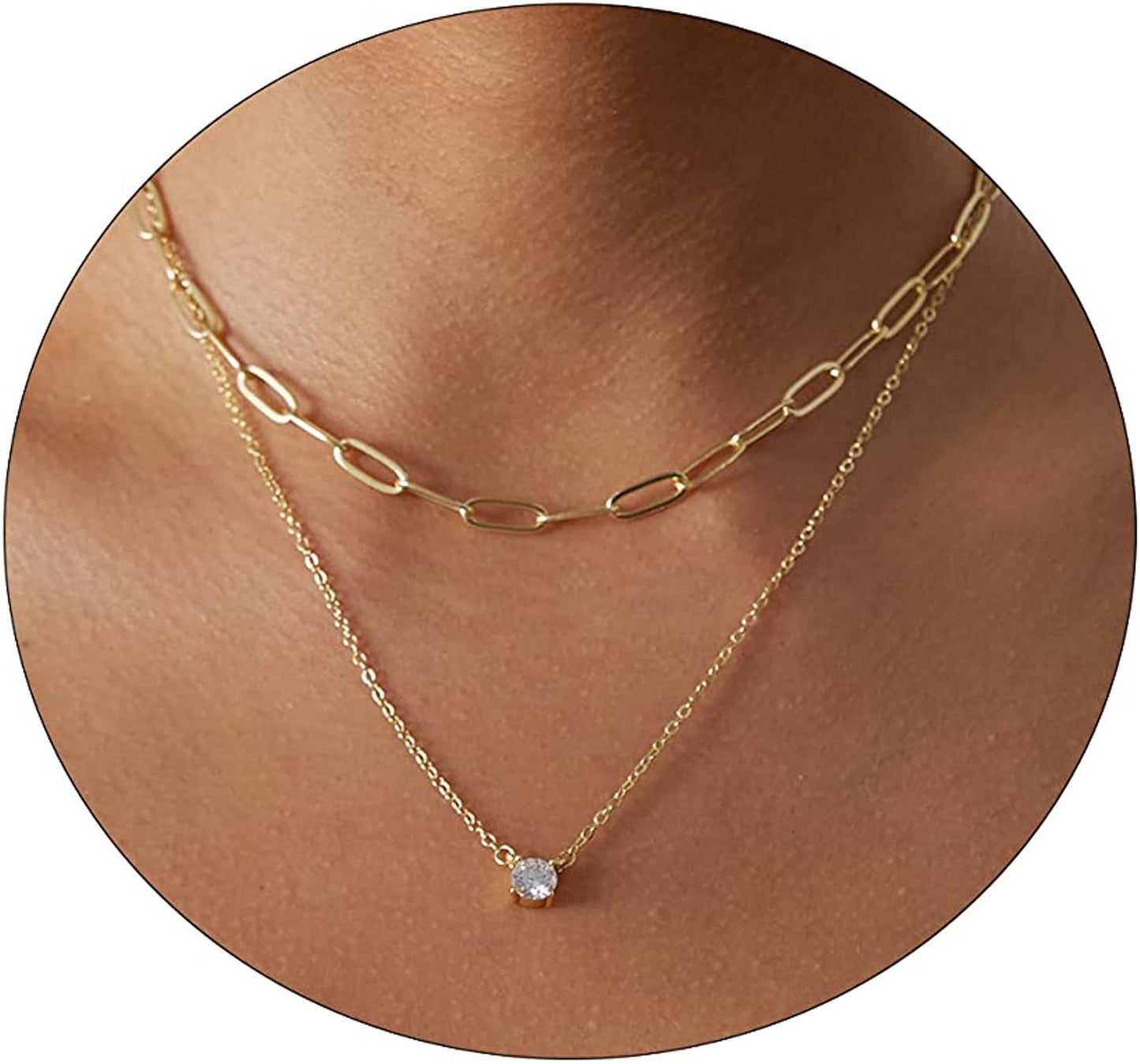 Dainty CZ Pendant Necklace For Women - Layered Gold & Silver Choker, Simple Trendy Cubic Zirconia Jewelry Gift