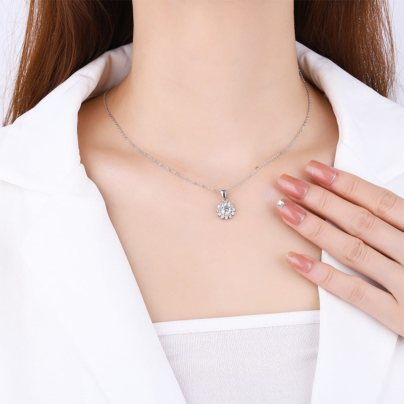 Women's Sterling Silver SUNFLOWER Diamond Pendant Moissanite Necklace