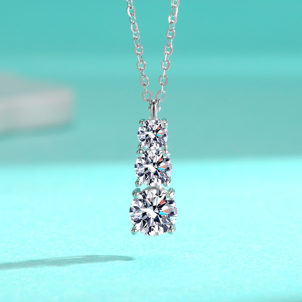 S925 Silver Moissanite Three Diamond Pendant Fashion Necklace